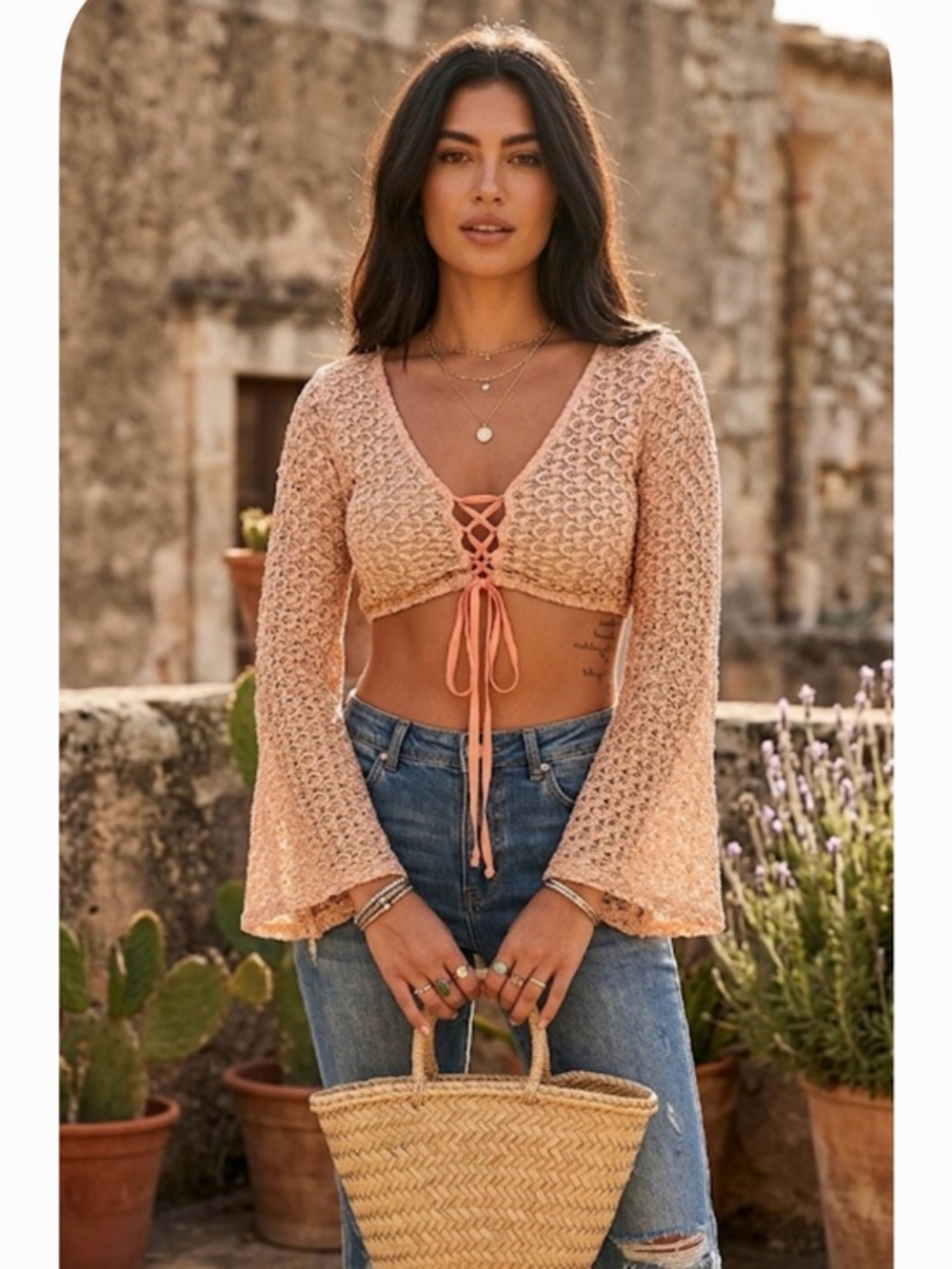 NWT Lace Ribbon 🎀 Tie Crop Top Gold Lurex